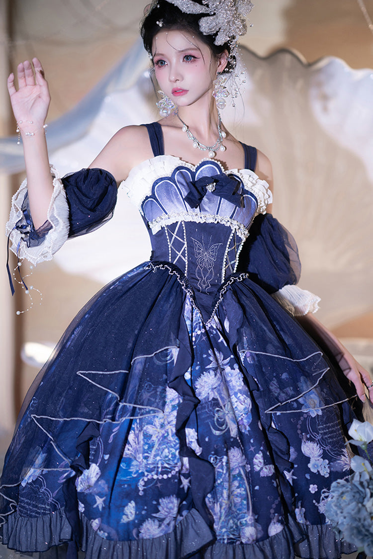 Blue [Deep Sea Jellyfish] Print Ruffle Lace Sweet Elegant Lolita Jsk Dress - Product - 6
