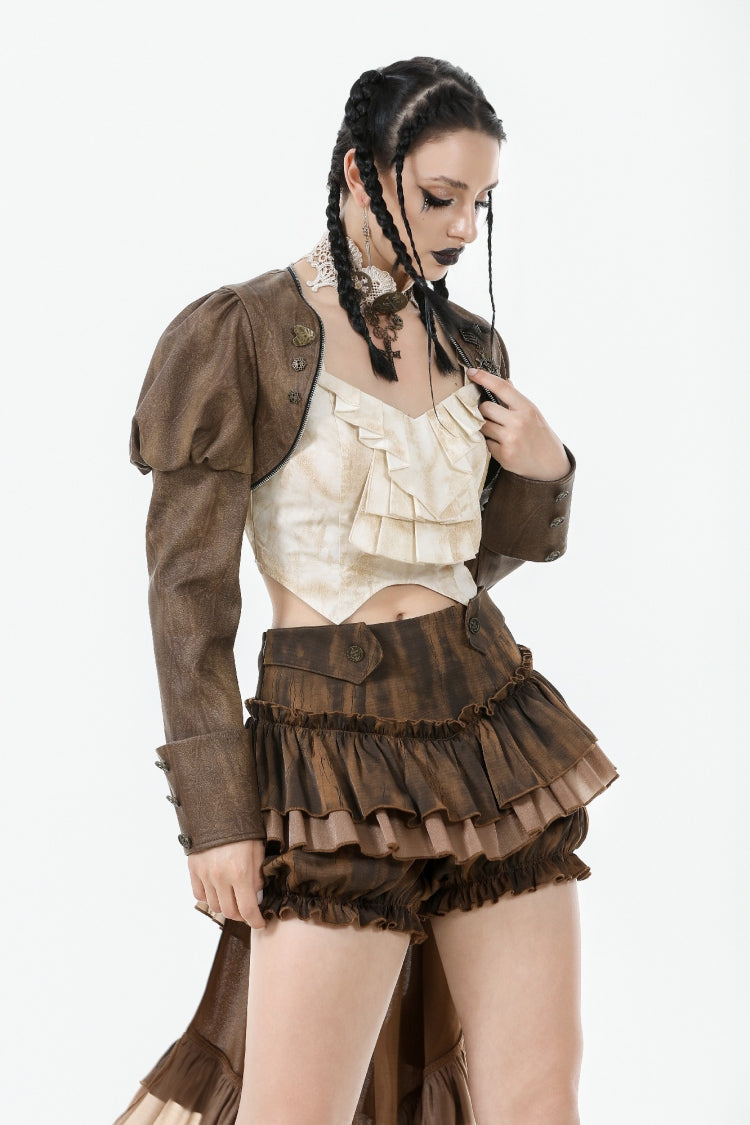 Brown Long Puff Sleeves Zippered Metal-Accented Women's Steampunk Vintage Wrap - Product - 6