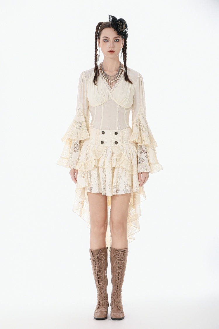 Beige V Collar Long Trumpet Sleeves Multi-Layered Lace-Up Women's Stempunk Blouse - Product - 6
