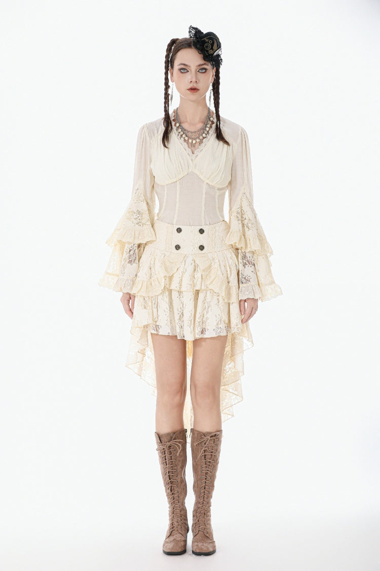 Beige V Collar Long Trumpet Sleeves Multi-Layered Lace-Up Women's Stempunk Blouse - Product - 6