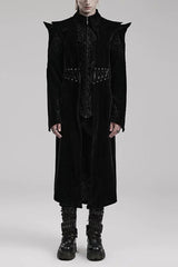 Black Stand Collar Jacquard Print Waist Cord Decoration Mens Gothic Mid Length Coat - Black - 1