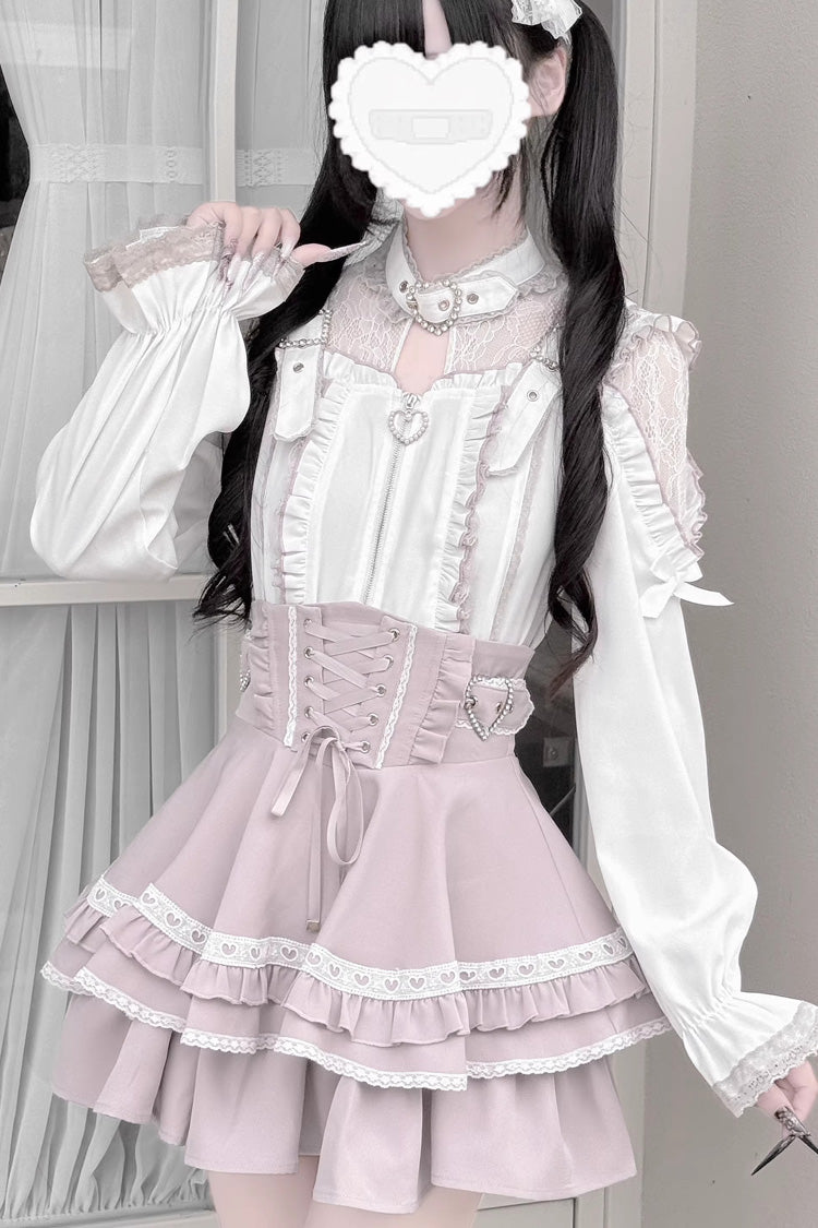 Jirai Kei [Heartbeat Buffy] Stand Collar Sleeveless Triple-Layered Ruffled Lace-Up Zippered Sweet Japanese Skirt and Blouse - White/Pink(Long-Sleeve-Blouse-Only) - 5