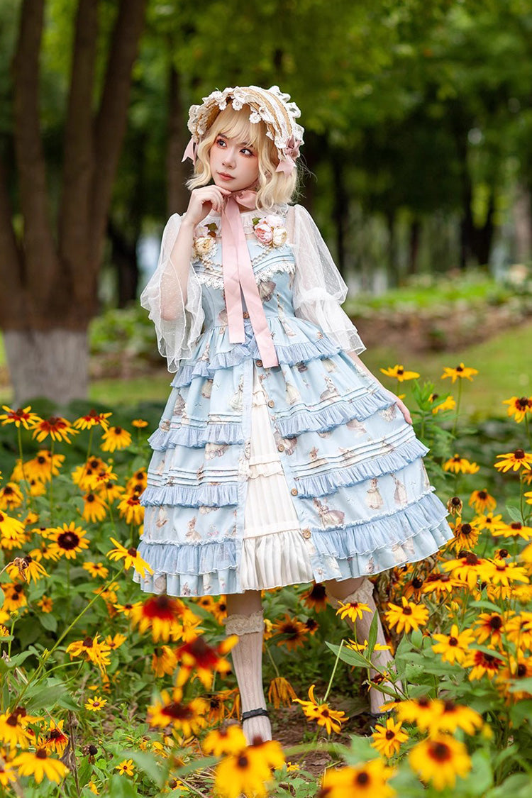 Miss Rabbit Dance Print Multi-layer Ruffle Sweet Elegant Lolita Jsk Dress 4 Colors - SAX - 3