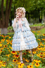 Miss Rabbit Dance Print Multi-layer Ruffle Sweet Elegant Lolita Jsk Dress 4 Colors - SAX - 3