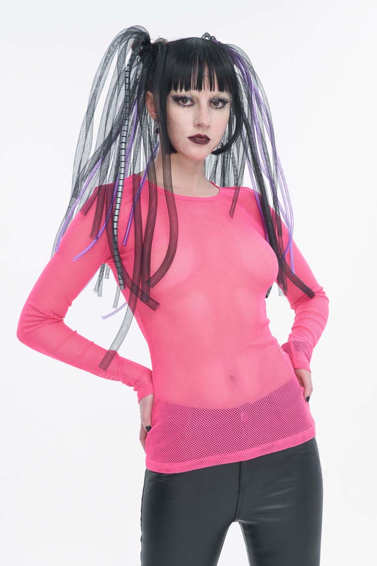 Red Elasticity High Neck Long Sleeve Mesh Women's Gothic T-Shirt - Product - 2