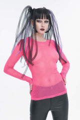 Red Elasticity High Neck Long Sleeve Mesh Women's Gothic T-Shirt - Product - 2