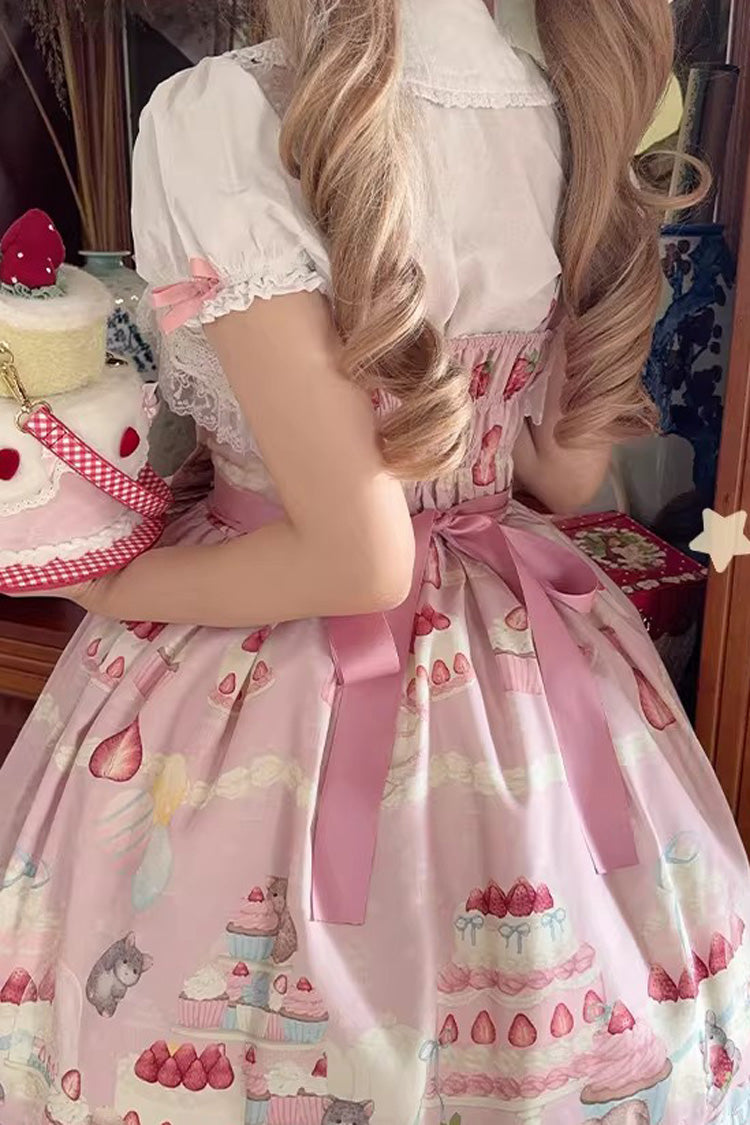 [Little Mouse Strawberry Cake] Sleeveless Printed Ruffled Bow Lace Sweet Lolita Jsk Dress 3 Colors - Product - 8