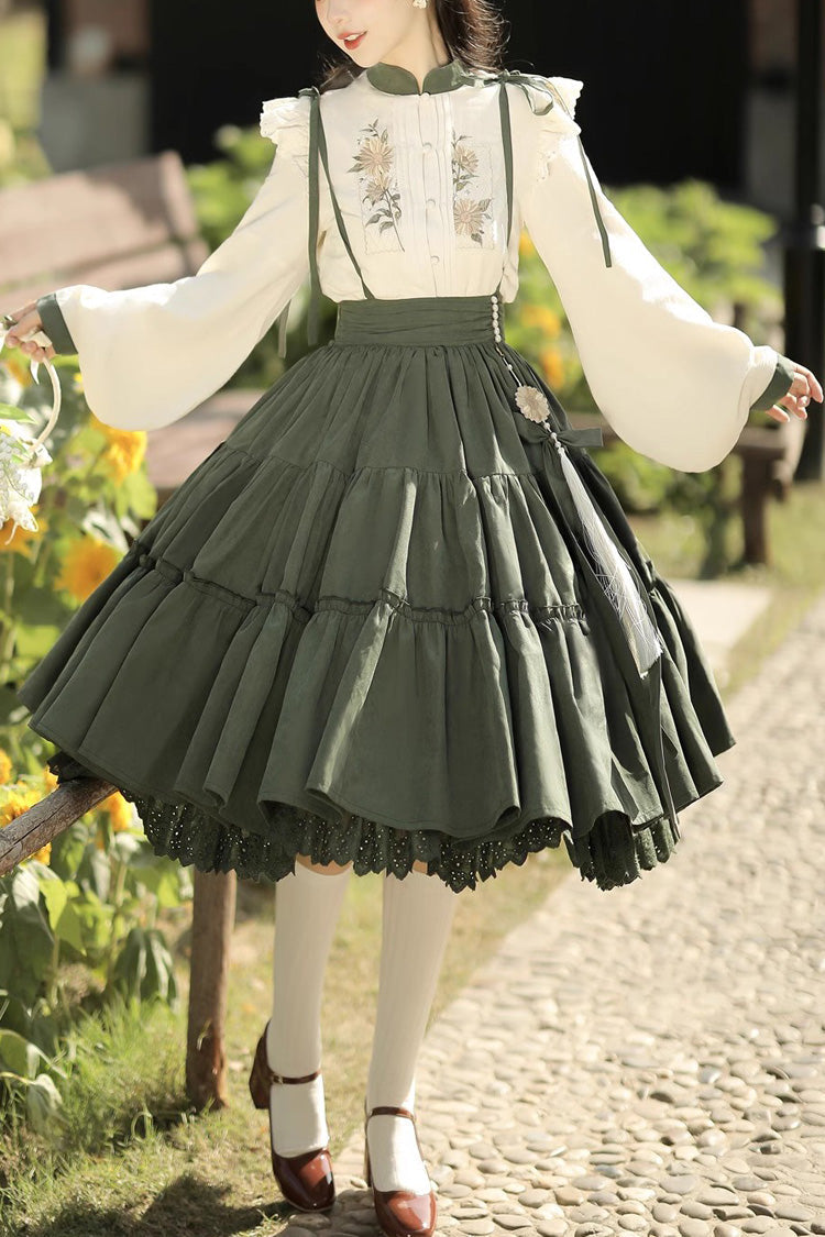 White/Green Country Style Midsummer Sunflower Sweet Lolita Skirt Two-Piece Set - White/Green - 1