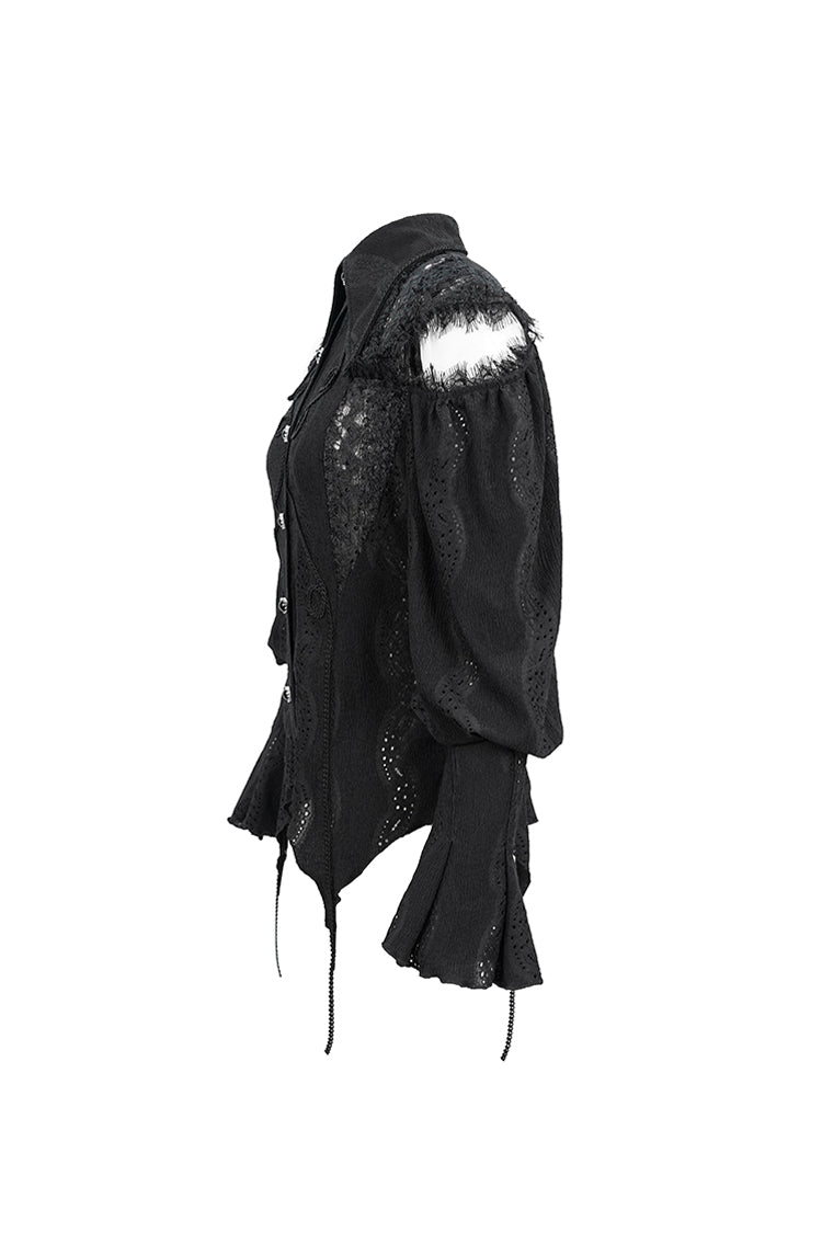 Black Front Chest Webbing Appliques Hollow-Out Lantern Sleeve Flare Cuff Back Waist Lace Up Women's Gothic Blouse - Product - 8