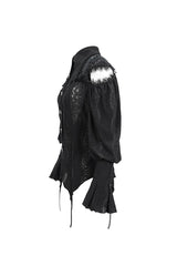 Black Front Chest Webbing Appliques Hollow-Out Lantern Sleeve Flare Cuff Back Waist Lace Up Women's Gothic Blouse - Product - 8