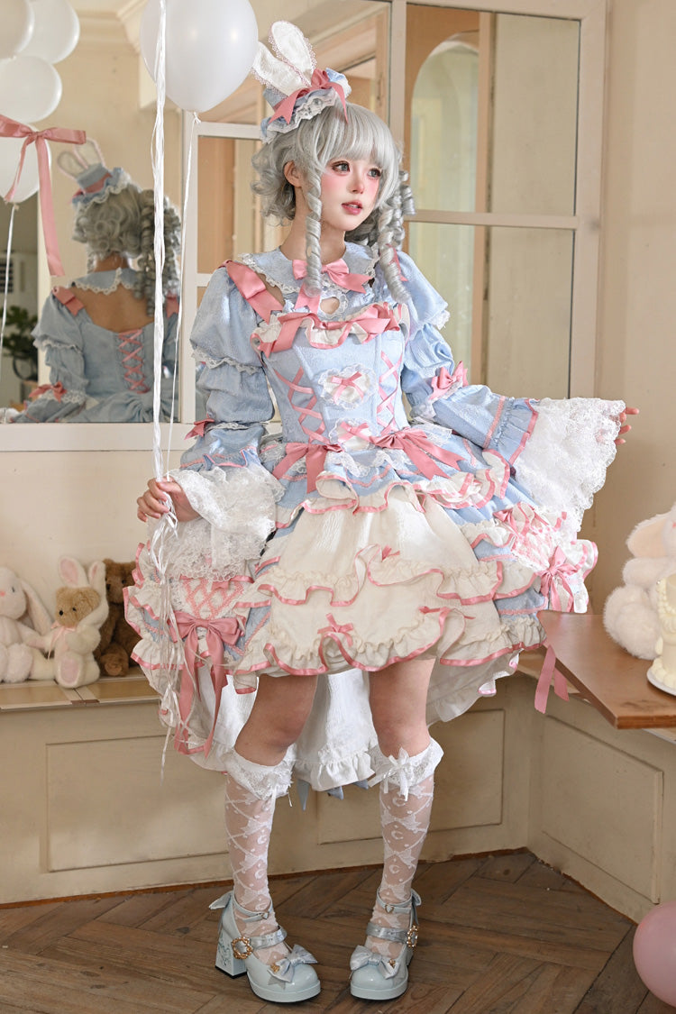 [Bunny Hime] Doll Collar Short Sleeves Multi-Layered Ruffled Bow Sweet Lolita Dress 2 Colors (Blue, Pink) - Product - 13