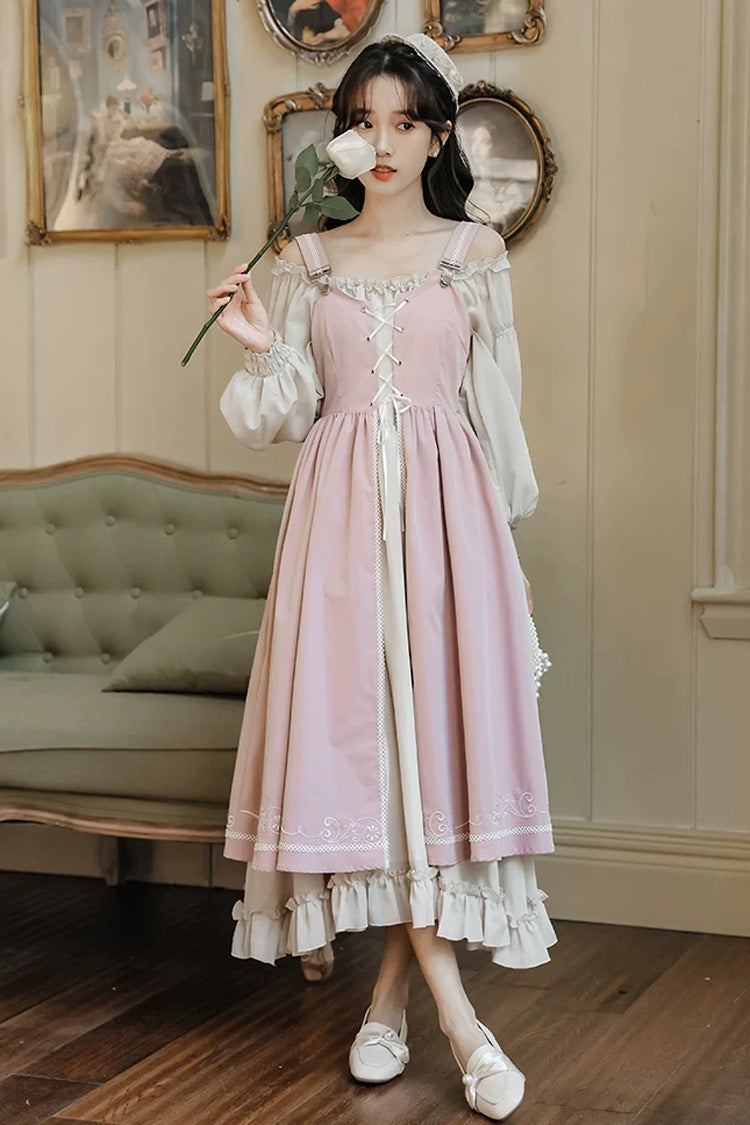 Pink/Apricot Square Collar Long Sleeves Ruffled Embroidered Lace-Up Sweet Lolita Two-Piece Dress Set - Pink/Apricot - 1