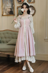 Pink/Apricot Square Collar Long Sleeves Ruffled Embroidered Lace-Up Sweet Lolita Two-Piece Dress Set - Pink/Apricot - 1
