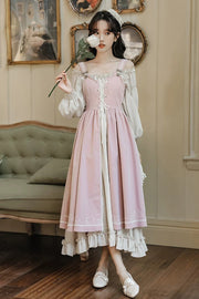 Pink/Apricot Square Collar Long Sleeves Ruffled Embroidered Lace-Up Sweet Lolita Two-Piece Dress Set - Pink/Apricot - 1
