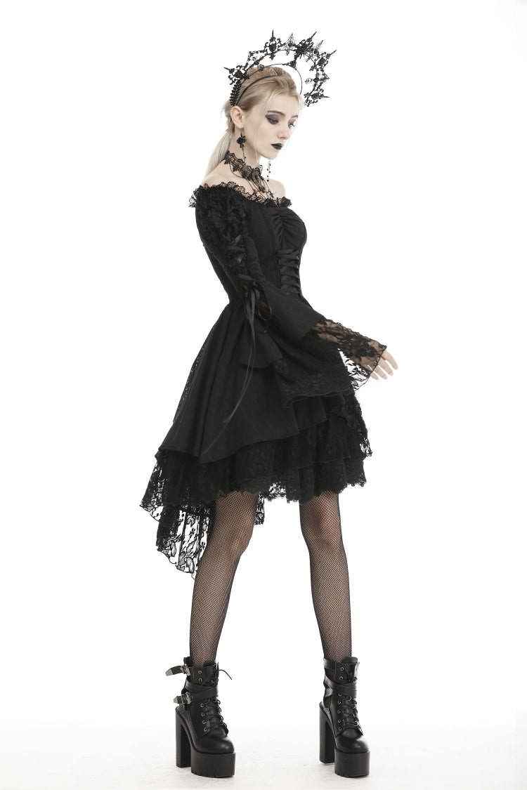 Black Off Shoulder Long Trumpet Puff Sleeves Lace-Up Strappy Mesh Women's Gothic Cocktail Dress - Product - 7