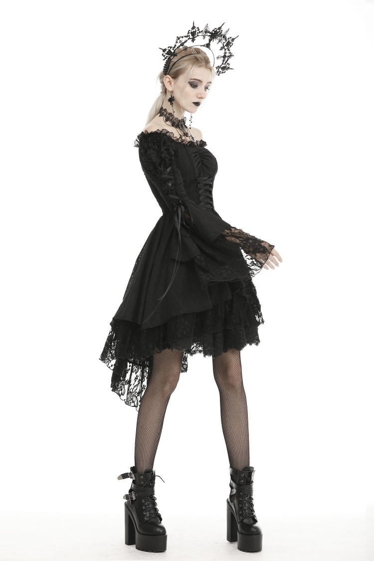 Black Off Shoulder Long Trumpet Puff Sleeves Lace-Up Strappy Mesh Women's Gothic Cocktail Dress - Product - 7