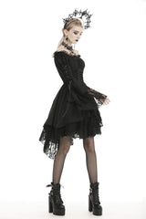 Black Off Shoulder Long Trumpet Puff Sleeves Lace-Up Strappy Mesh Women's Gothic Cocktail Dress - Product - 7