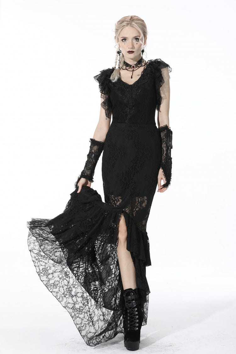 Black Women's Gothic Multi-Layered Lace Lace-Up Mermaid Maxi Skirt - Black - 1