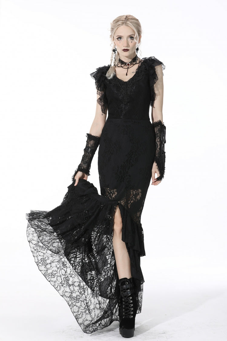 Black Women's Gothic Multi-Layered Lace Lace-Up Mermaid Maxi Skirt - Black - 1