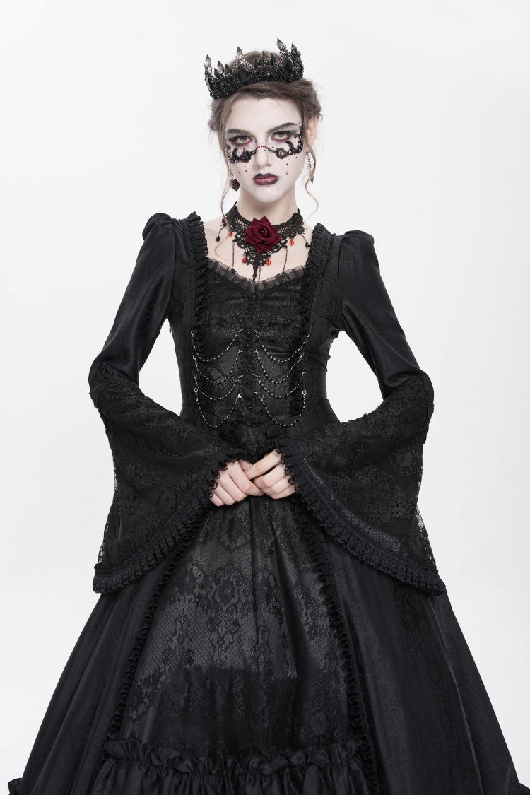 Black Long Sleeves Floral Embroidery Lace-Up Pleated Women's Gothic Dress - Product - 9