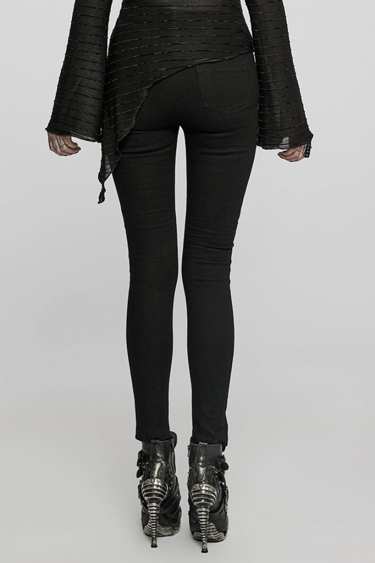 Black Faux Leather Stitching Lace-Up Slim Skinny Women's Punk Jeans Pants - Product - 3