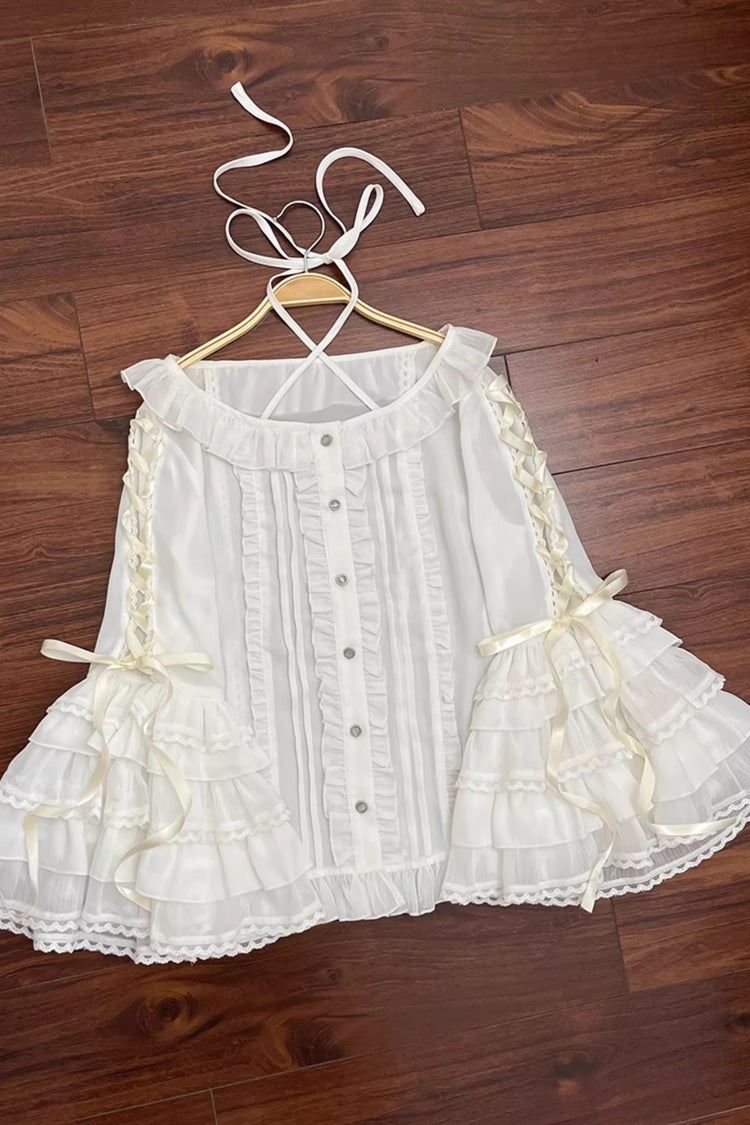 Sweet Chiffon Long Hime Sleeves Ruffled Bow Lolita Blouse 3 Colors - White - 1