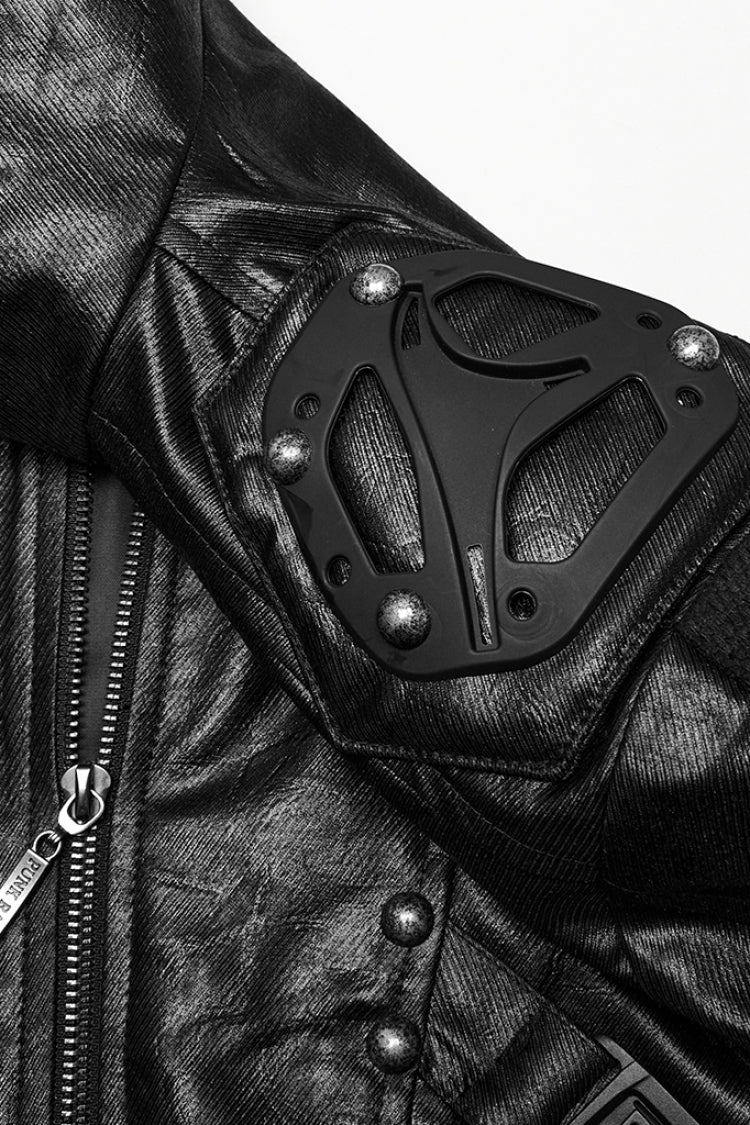 Black Stand Collar Long Sleeves Faux Leather Buckle Men's Punk Coat - Product - 6
