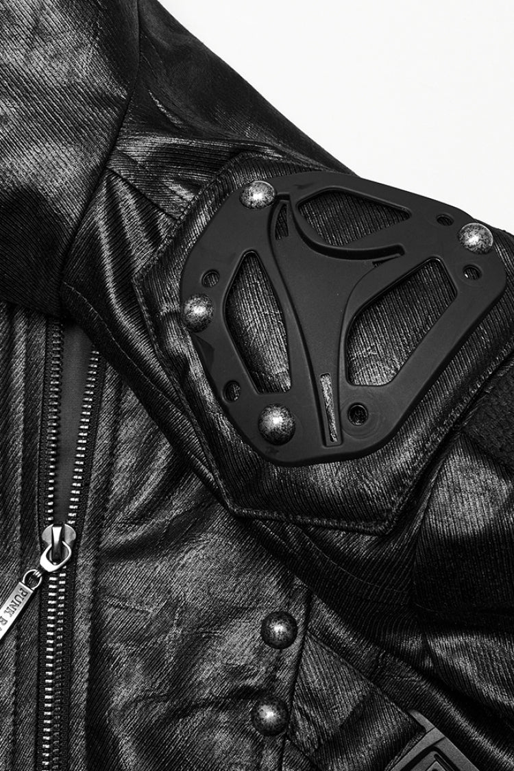 Black Stand Collar Long Sleeves Faux Leather Buckle Men's Punk Coat - Product - 6