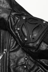 Black Stand Collar Long Sleeves Faux Leather Buckle Men's Punk Coat - Product - 6