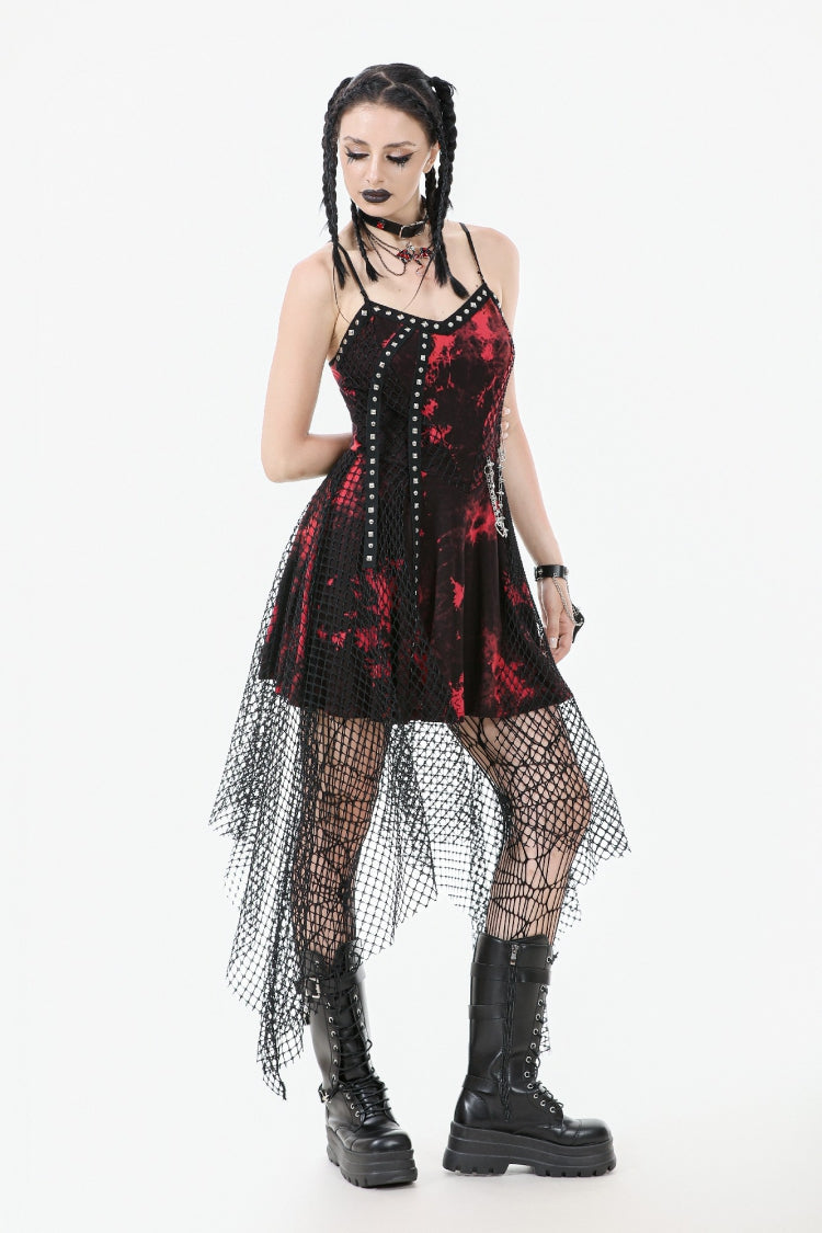 Red Sleeveless Mesh Hem Asymmetric Tie-dyed Women's Punk Slip Dress - Product - 8