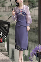 Purple Retro Chest Embroidery Han Elements Suspenders With Cloak Sweet Hanfu Dress - Purple - 1