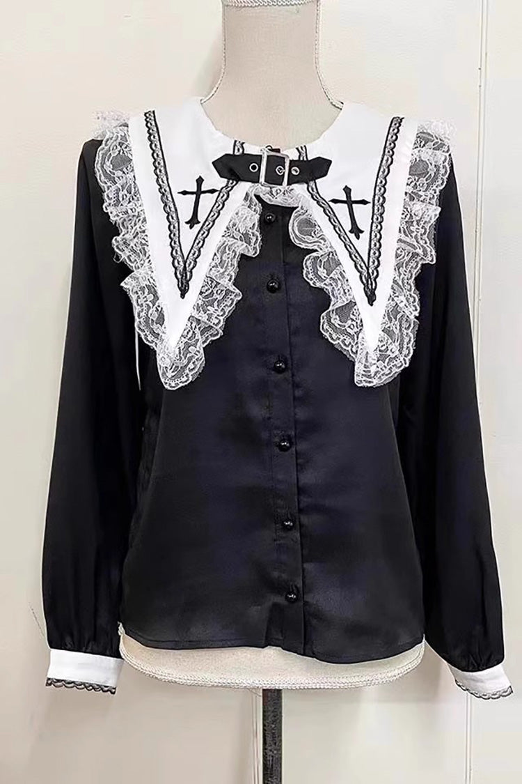 Jirai Kei Long Sleeves Cross Embroidery Japanese Lolita Blouse 2 Colors - Product - 5