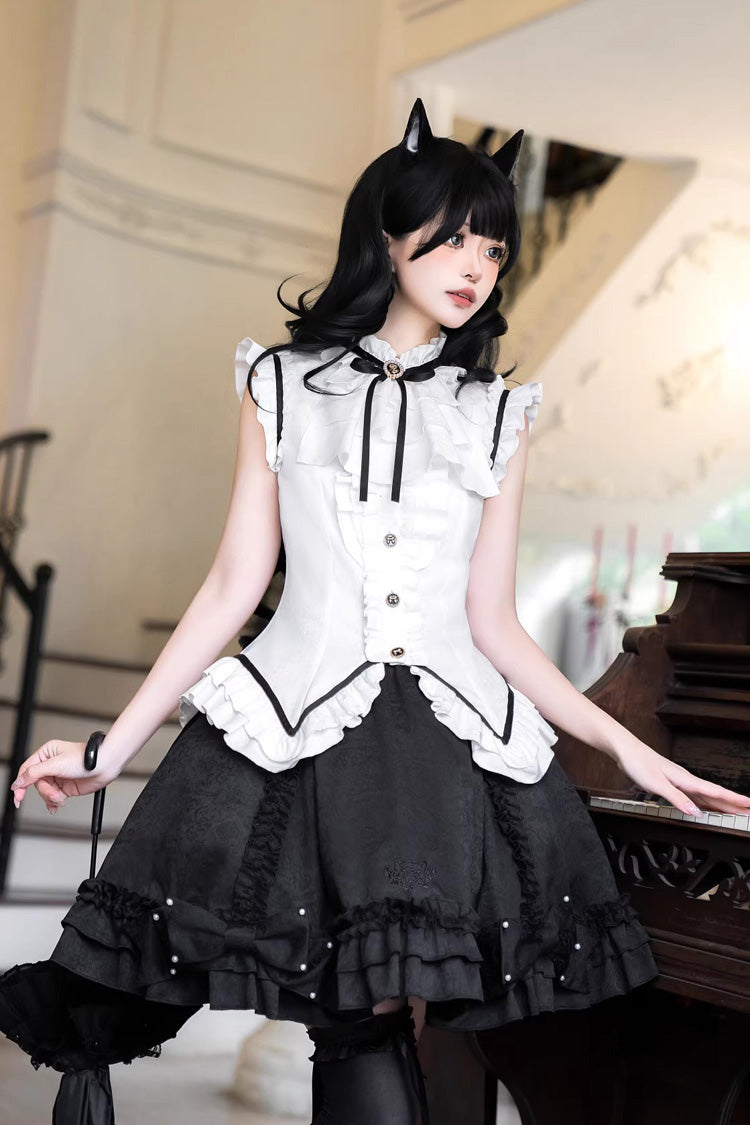 Black/White [Miss Black Cat] Sleeveless Printed Ruffled Sweet Princess Ballet Lolita Skirt Set - Product - 8