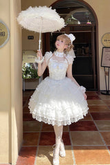 White [Ballad of Feathers] Sleeveless Multi-Layered Ruffle Hanayome Bowknot Sweet Lolita Jsk Dress - Product - 2