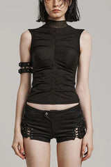 Black Sleeveless Mesh Hollow Slim Womens Gothic Vest - Black - 1