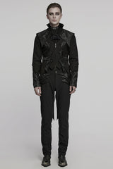 Black Stand Collar Long Sleeves Jacquard Stitching Swallow-tailed Men's Gothic Coat - Product - 4