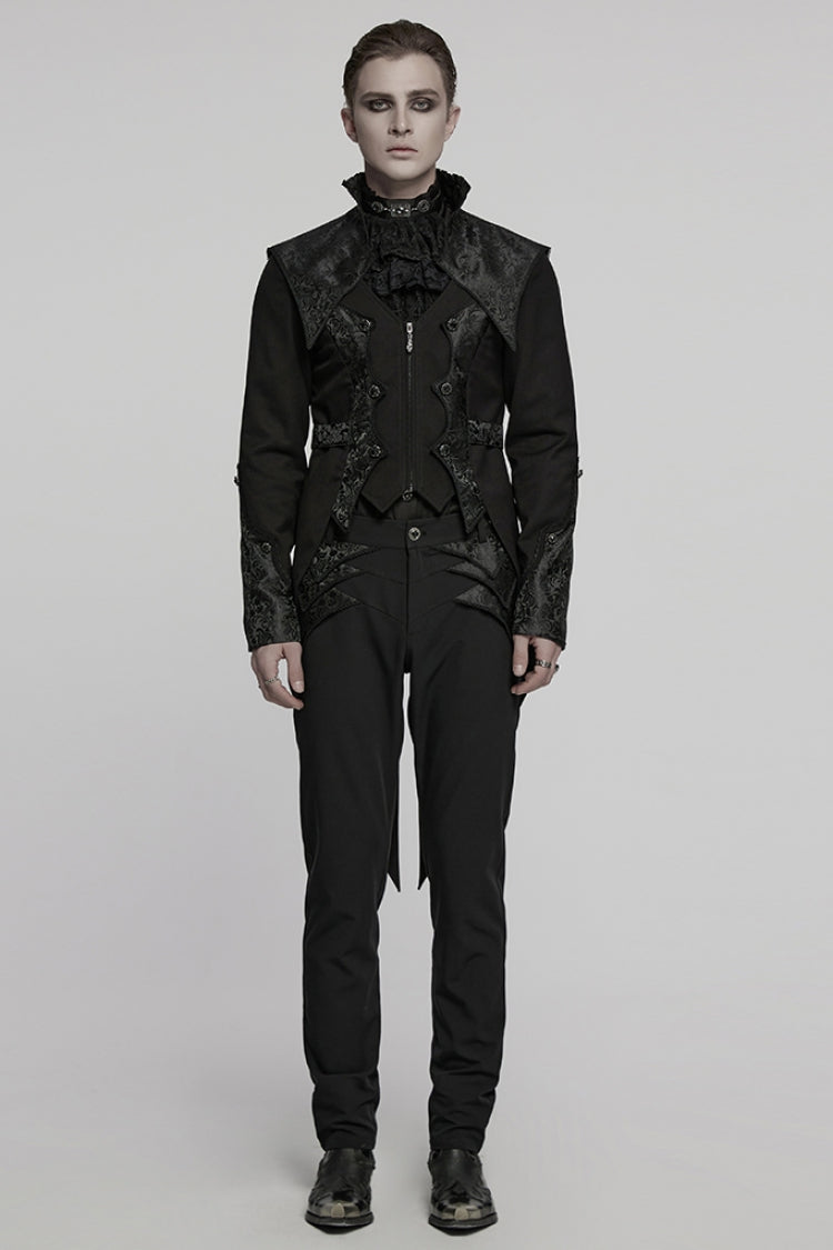 Black Stand Collar Long Sleeves Jacquard Stitching Swallow-tailed Men's Gothic Coat - Product - 4