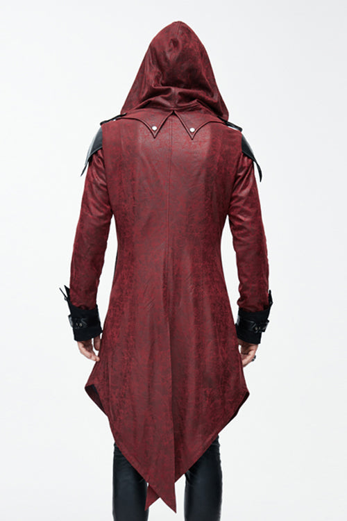 Punk Handsome Red Hooded Leather Long Mens Coats - Product - 3
