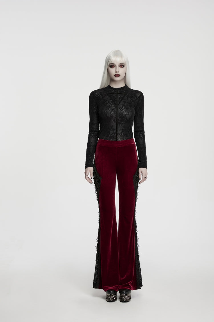 Red Patchwork Slim Fit Women's Gothic Floral Lace Spliced Beaded Tassel Flare Pants - Product - 3
