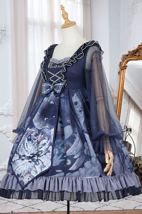 Dark Blue Unicorn Print Long Sleeves High Waisted Ruffled Classic Lolita OP Dress - Product - 5