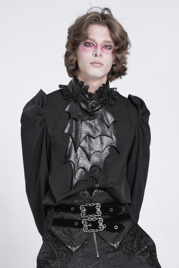 Black Stand Collar Long Puff Sleeves Men's Gothic Batlike Blouse - Product - 3