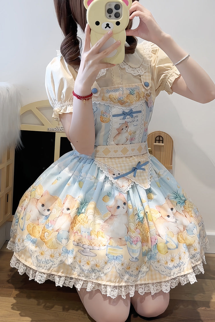 Blue [Pineapple Cat] Print Sleeveless Bowknot Lace Sweet Lolita Strap Dress - Product - 4