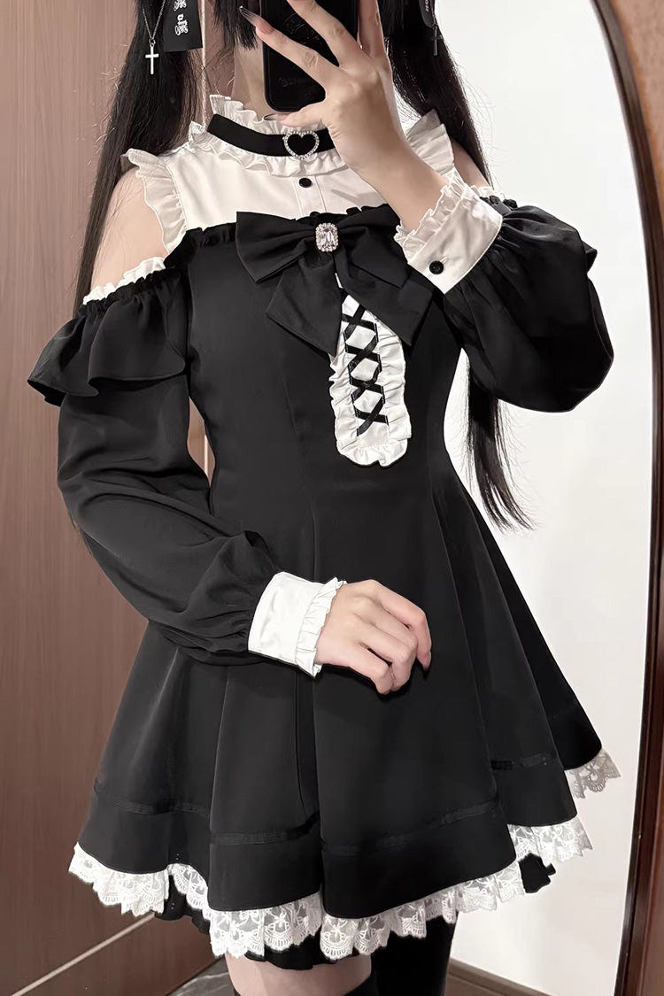 Black/White Off Shoulder Long Sleeves Ruffled Jirai Kei Japanese Dress Set - Product - 5