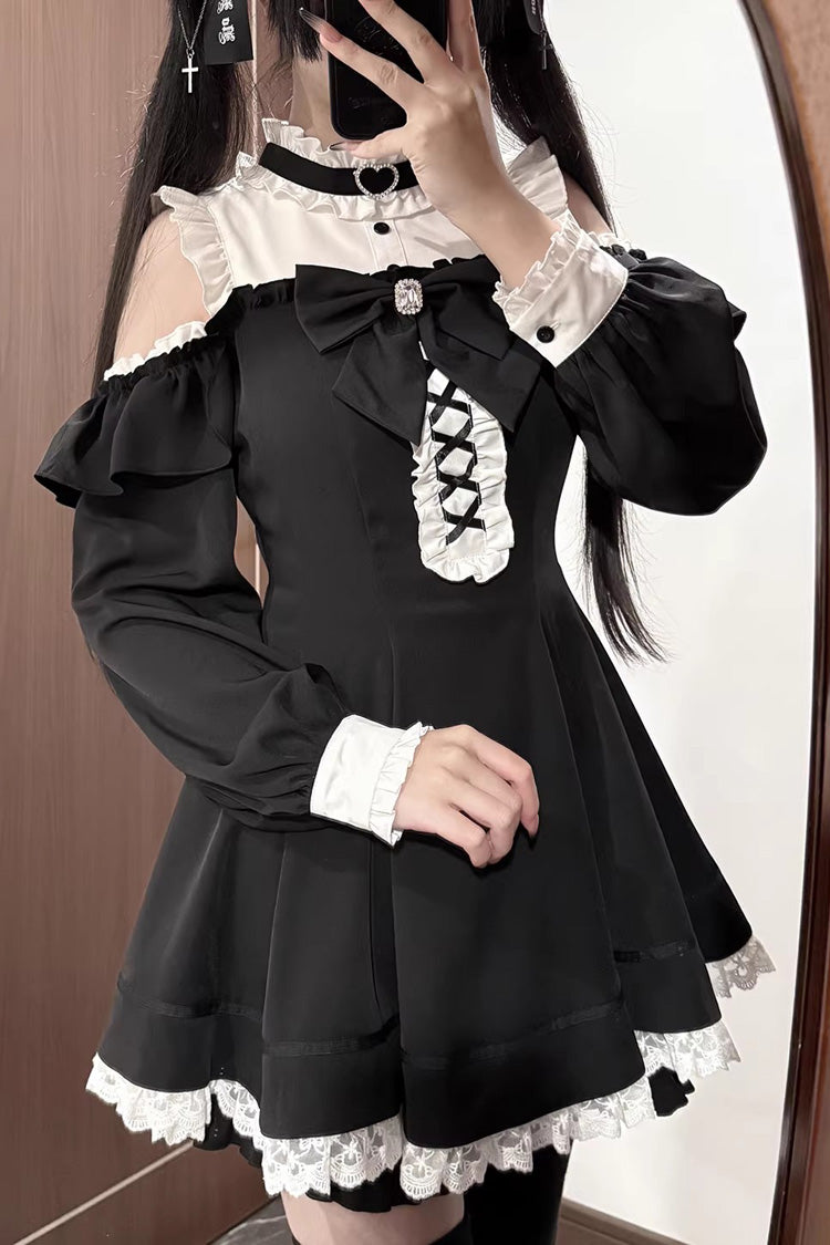 Black/White Off Shoulder Long Sleeves Ruffled Jirai Kei Japanese Dress Set - Product - 5