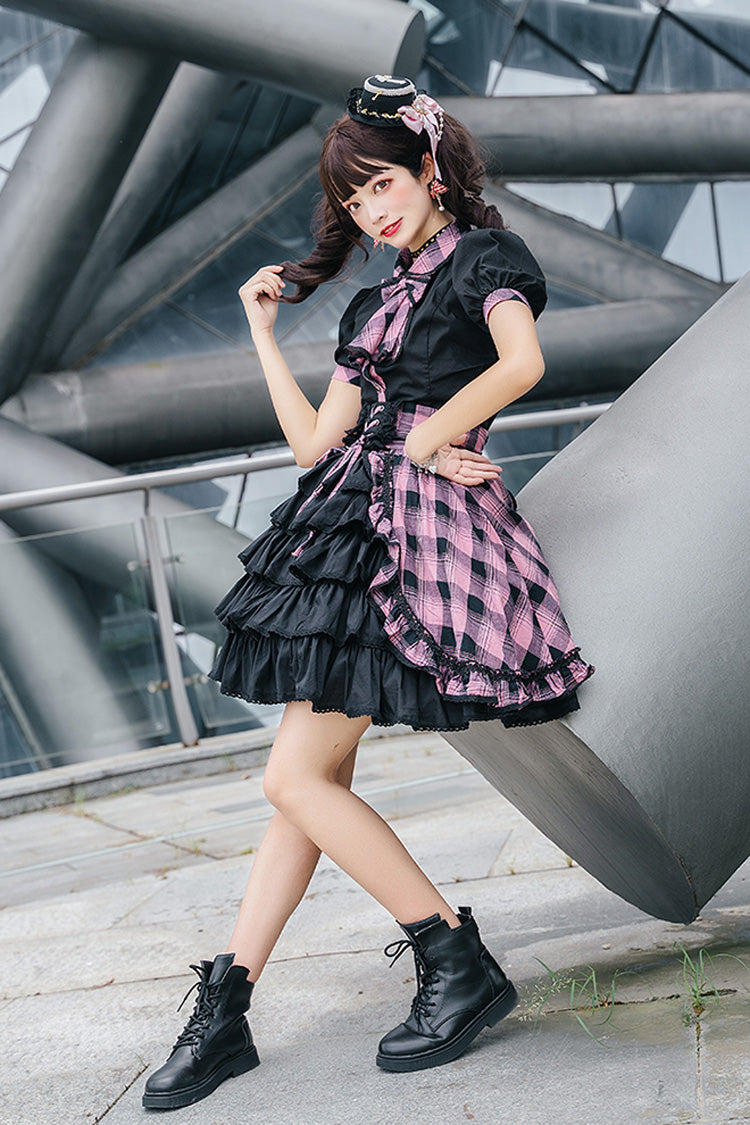 Black/Purple Short Sleeves Multi-Layered Print Ruffle Cardigan Bowknot Asymmetric Sweet Lolita Skirt Set - Product - 5