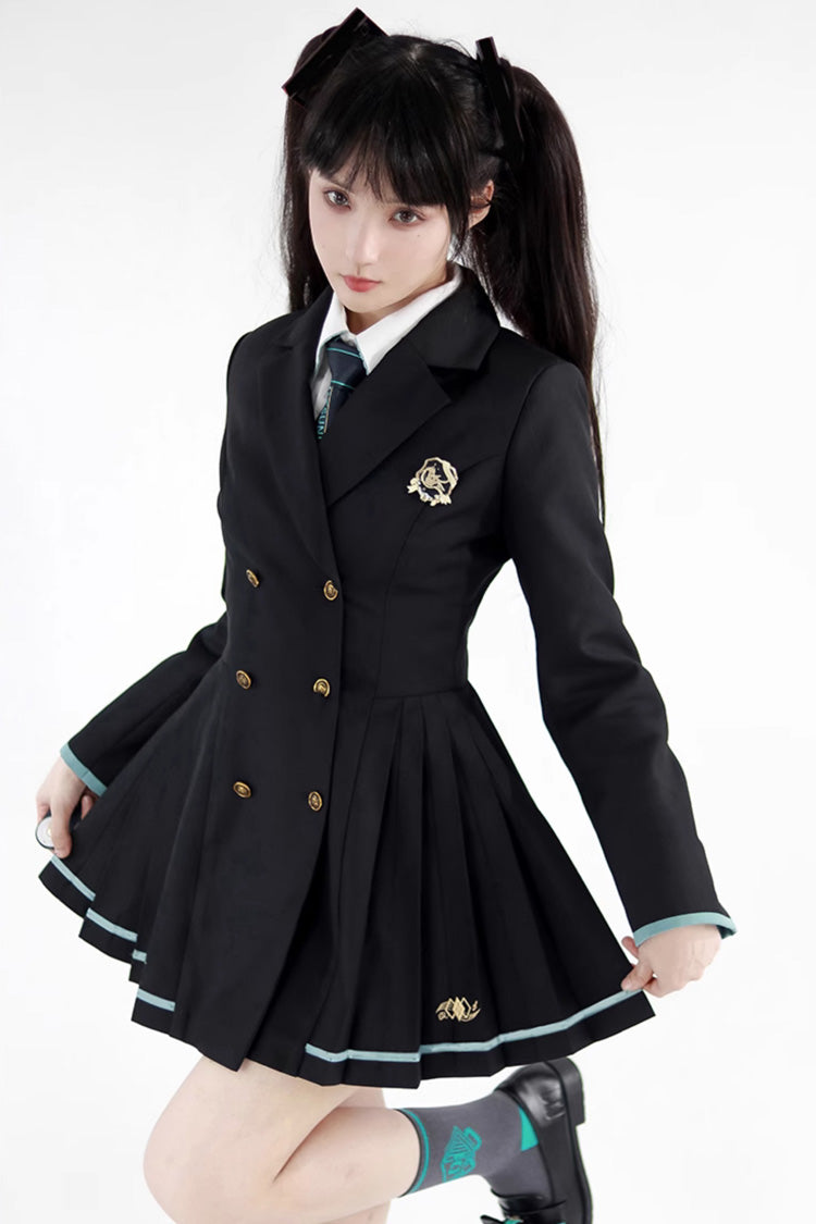 Black Long Sleeves Ginkgo Leaves Japanese School Suit Dress - Product - 4