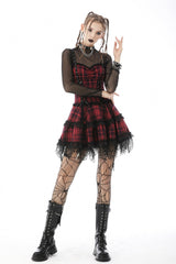 Red Sleeveless Hem Plaid Layered Lace Women's Punk Mini Strap Dress - Product - 7