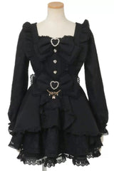 Gothic Square Collar Long Sleeves Ruffled Bow Jirai Kei Plus Size Japanese Lolita Dress Set 3 Colors - Black - 4