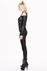 Black Skull Print Long Sleeves Drawstring Halter Cotton Women Punk T-Shirt - Product - 5