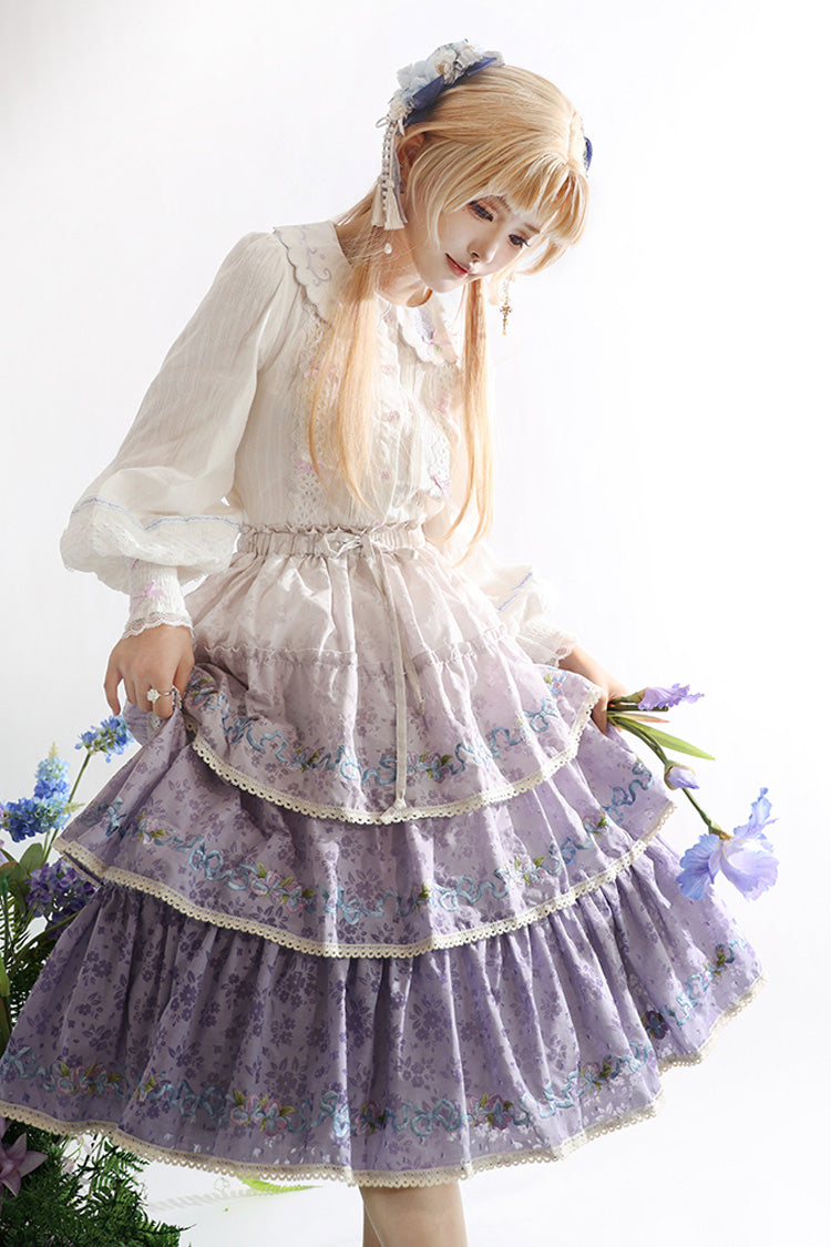 Purple [Moonlight Iris] Triple-Layered Print Ruffle Embroidery Lace Sweet Lolita Skirt - Product - 4
